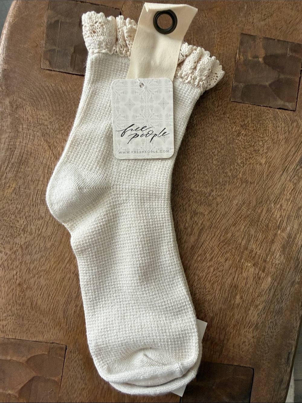 Free People Ivory Knit Ankle Socks with Lace Ruffle